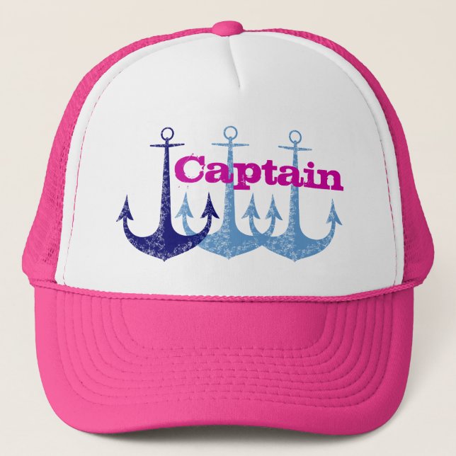 Blue anchor, girly, captain, personalised trucker hat (Front)