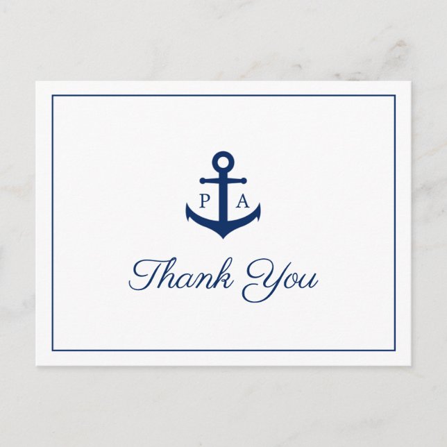 Blue Anchor Monogram Nautical Wedding Thank You Postcard (Front)