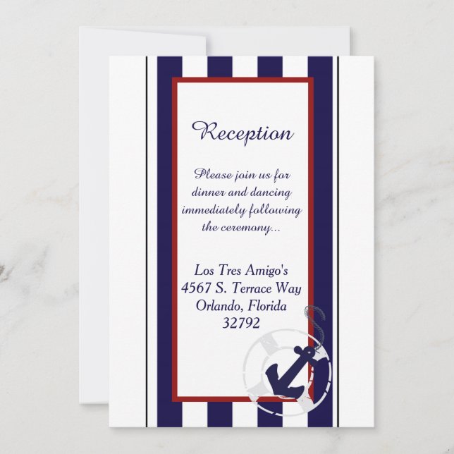 Blue Anchor Nautical 3.5x7 Wedding Reception Card (Front)