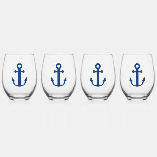 Blue Anchor Nautical Design Stemless Wine Glass