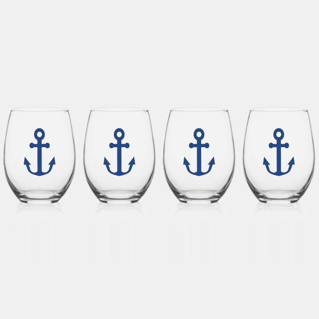 Blue Anchor Nautical Design Stemless Wine Glass (Front)