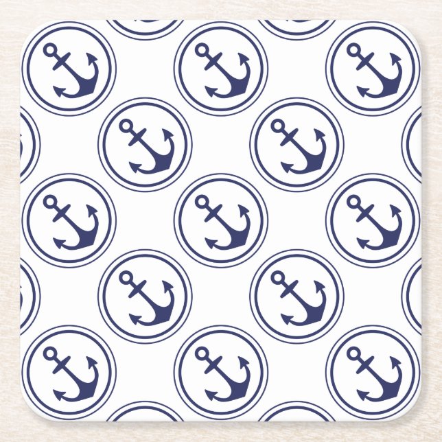 Blue Anchor Nautical Square Paper Coaster (Front)