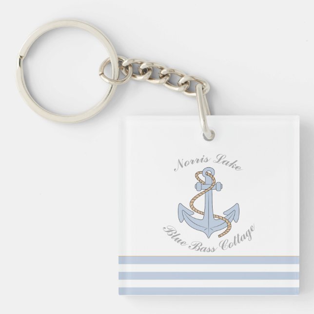 Blue Anchor Nautical Stripes Lake Beach House Name Key Ring (Front)