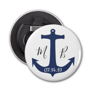 Blue Anchor Nautical Wedding Initials and Date Bottle Opener
