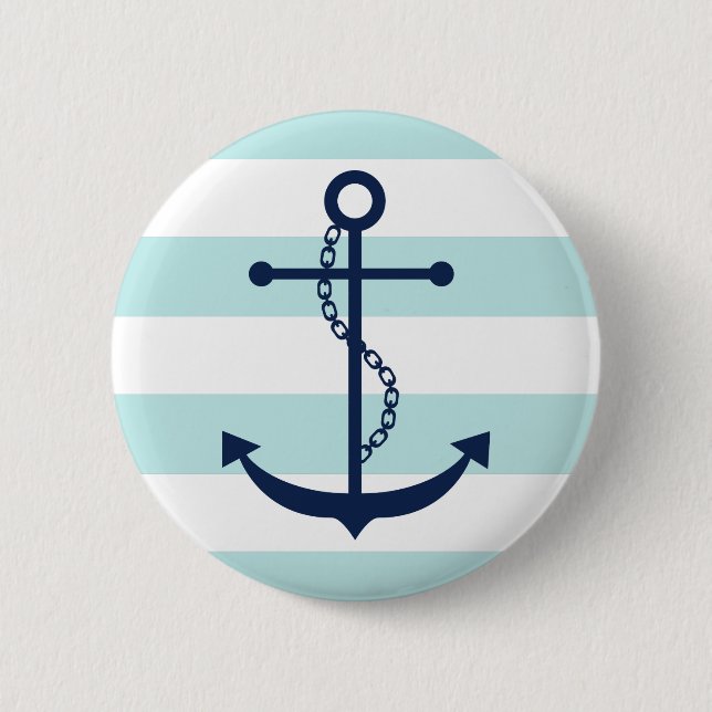 Blue Anchor on Mint Stripes 6 Cm Round Badge (Front)