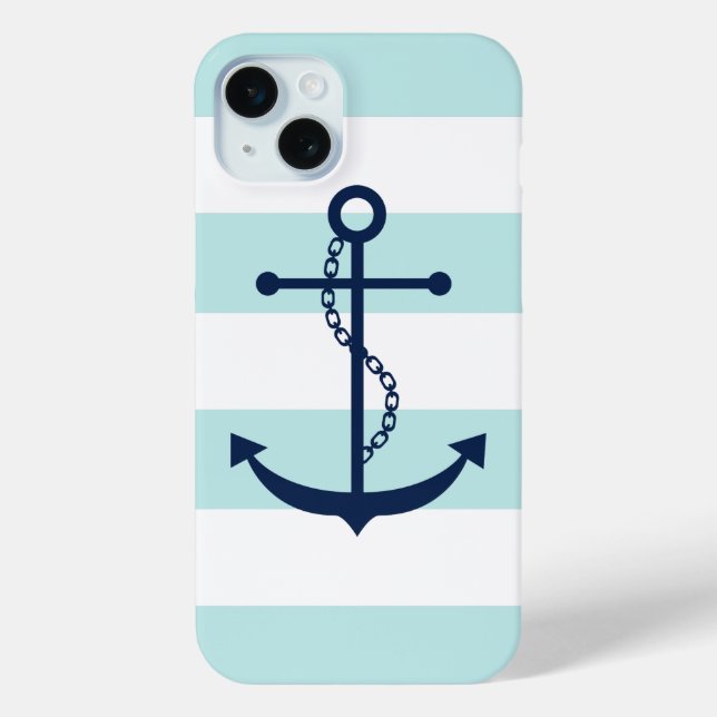 Blue Anchor on Mint Stripes Nautical Theme Case-Mate iPhone Case (Back)