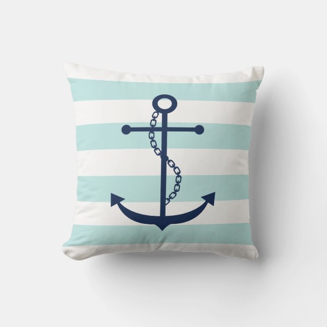 Blue Anchor on Mint Stripes Pattern Cushion (Front)