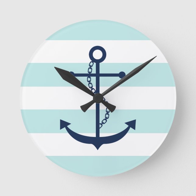 Blue Anchor on Mint Stripes Round Clock (Front)