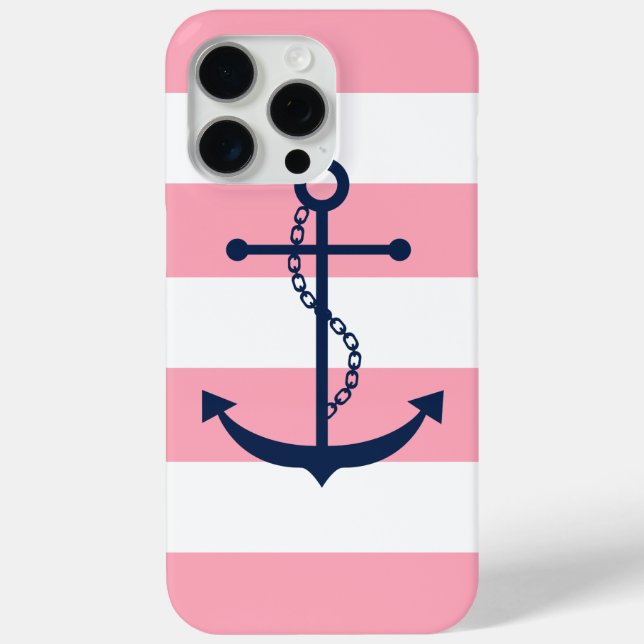 Blue Anchor on Pink Stripes Nautical Theme Case-Mate iPhone Case (Back)