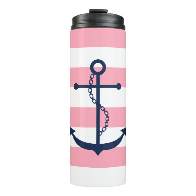 Blue Anchor on Pink Stripes Thermal Tumbler (Front)