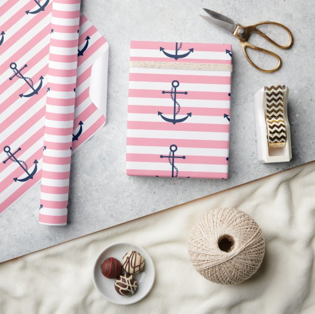Blue Anchor on Pink Stripes Wrapping Paper (Crafts)