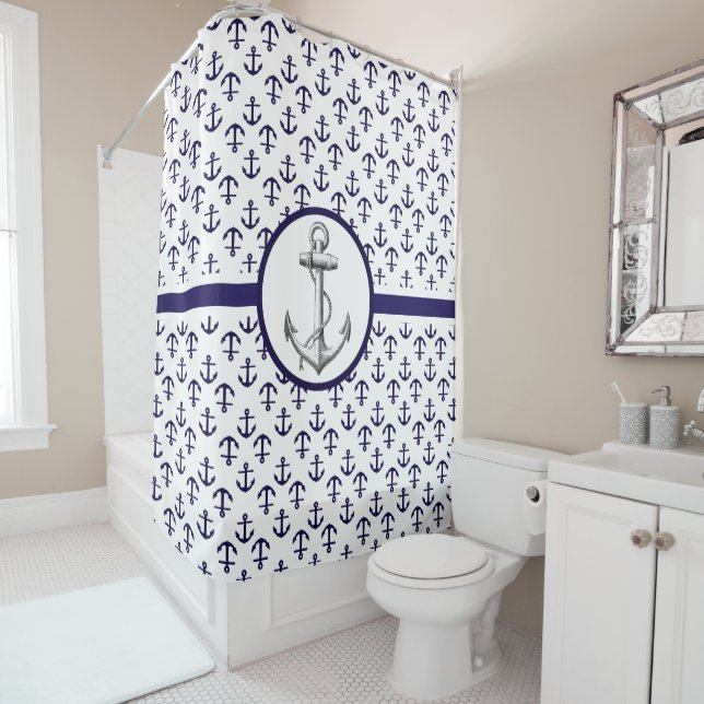 Blue Anchor Pattern Nautical Theme Shower Curtain (In Situ)
