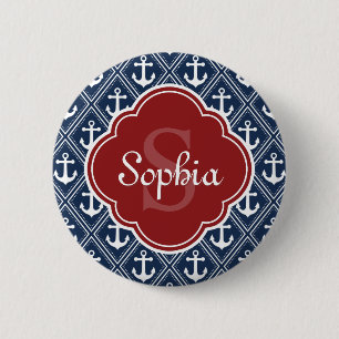 Blue Anchor Pattern Red Monogram 6 Cm Round Badge
