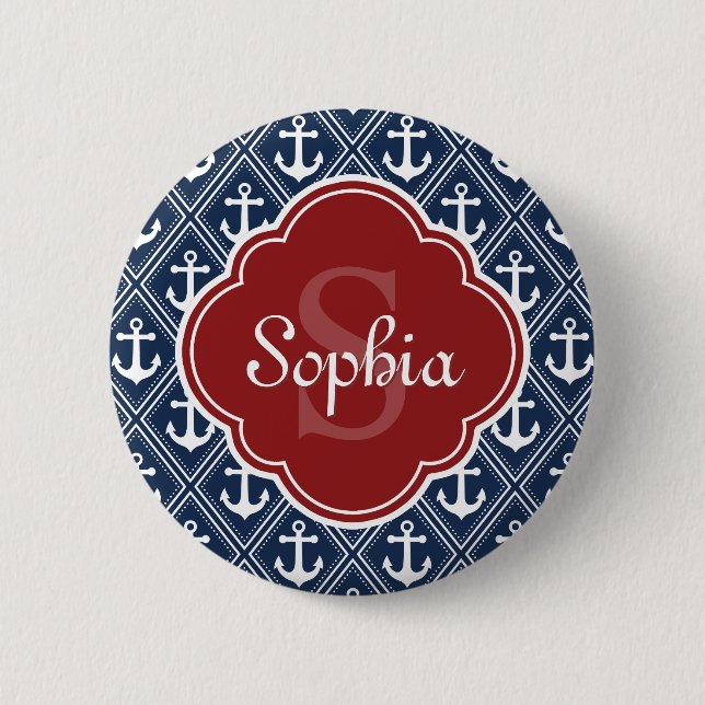 Blue Anchor Pattern Red Monogram 6 Cm Round Badge (Front)