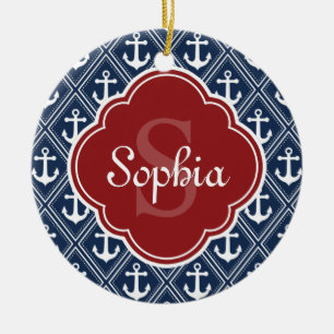 Blue Anchor Pattern Red Monogram Ceramic Tree Decoration
