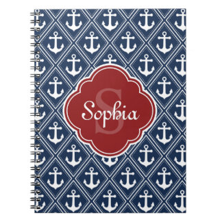 Blue Anchor Pattern Red Monogram Notebook