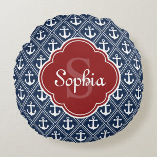 Blue Anchor Pattern Red Monogram Round Cushion