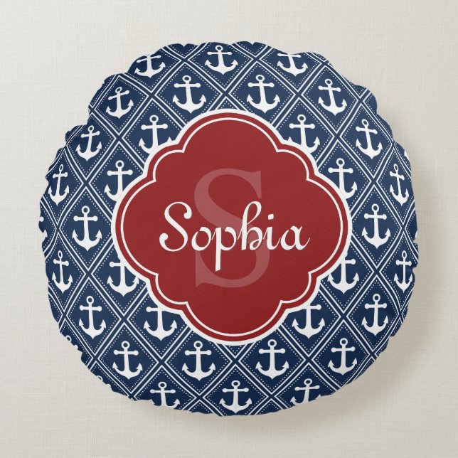Blue Anchor Pattern Red Monogram Round Cushion (Front)