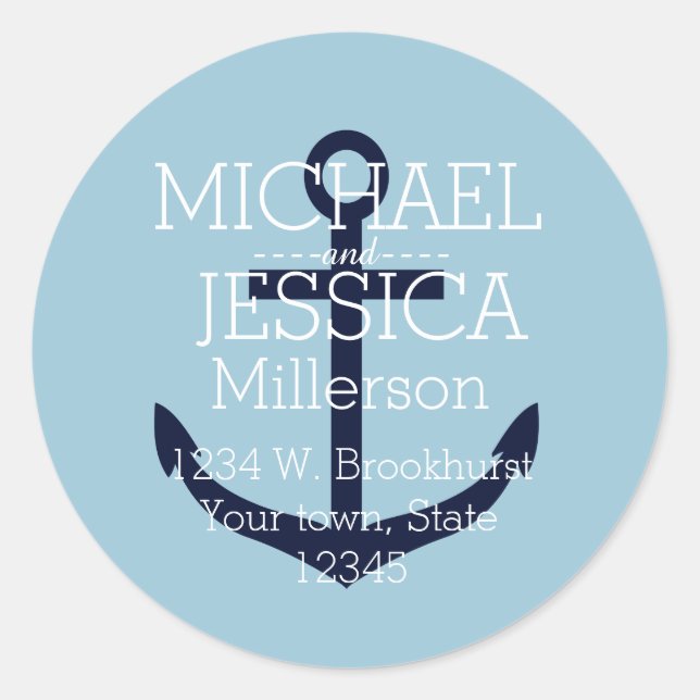 Blue Anchor Personalised address Classic Round Sticker (Front)
