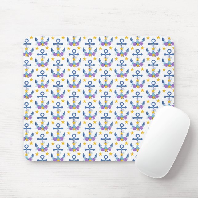Blue Anchor Purple Seashells Yellow Starfish Mouse Mat (With Mouse)