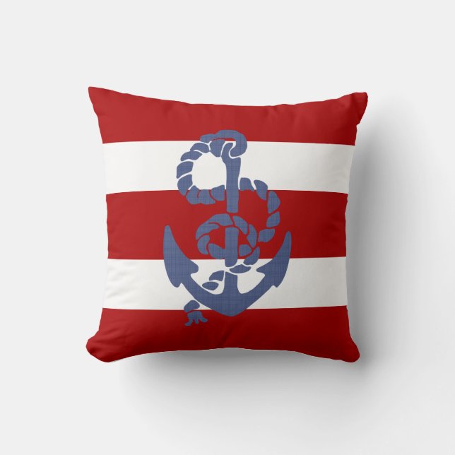 Blue Anchor Red And White Striped Background Cushion (Front)
