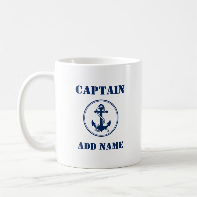 Blue Anchor & Rope Captain Add Name or Boat Name Coffee Mug (Left)
