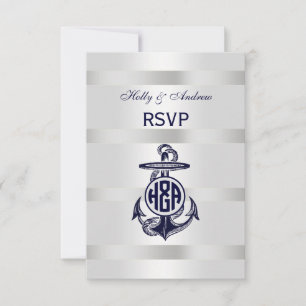 Blue Anchor Silver White Navy Circle Monogram 33 RSVP Card