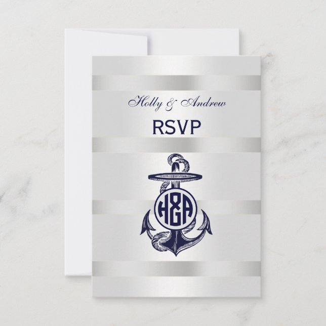 Blue Anchor Silver White Navy Circle Monogram 33 RSVP Card (Front)