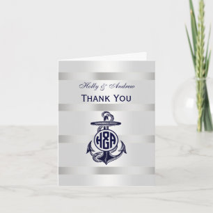 Blue Anchor Silver White Navy Circle Monogram 33 Thank You Card