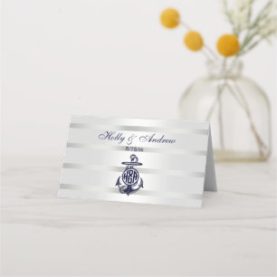 Blue Anchor Silver White Navy Vine Monogram 33 Place Card