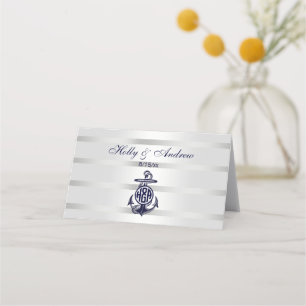 Blue Anchor Silver White Navy Vine Monogram 33 Place Card