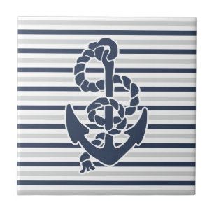 Blue Anchor White Grey Stripes Tile