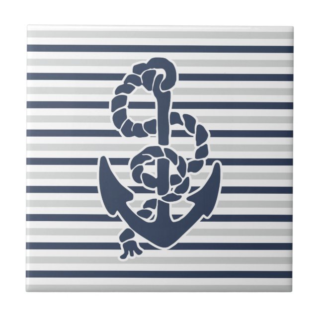 Blue Anchor White Grey Stripes Tile (Front)