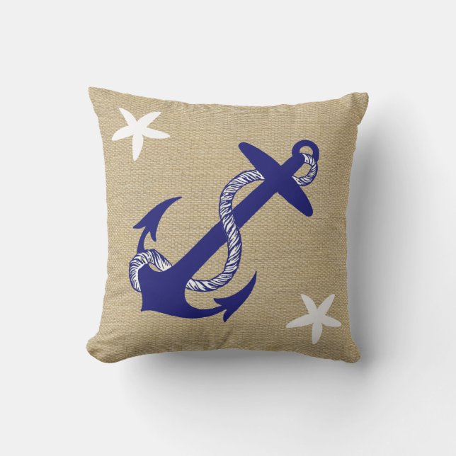 Blue Anchor & White Starfish Nautical "Burlap" Outdoor Cushion (Front)