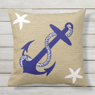 Blue Anchor & White Starfish Nautical "Burlap" Outdoor Cushion