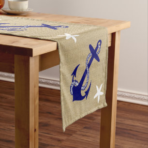 Blue Anchor & White Starfish Nautical "Burlap" Short Table Runner