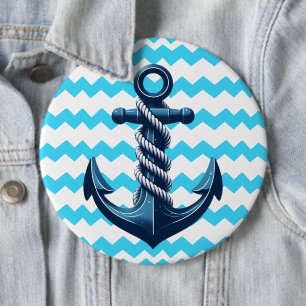 Blue anchor with blue waves 6 cm round badge