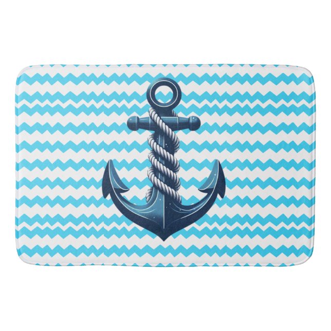 Blue anchor with blue waves bath mat (Front)