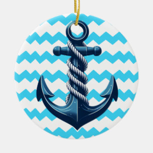 Blue anchor with blue waves ceramic tree decoration