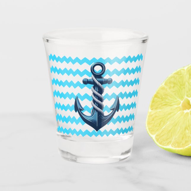Blue anchor with blue waves shot glass (Front)
