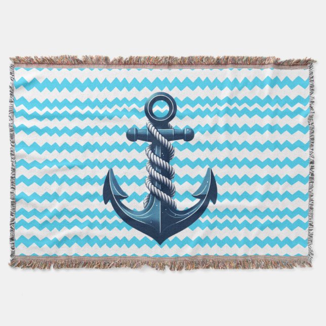 Blue anchor with blue waves throw blanket (Front)