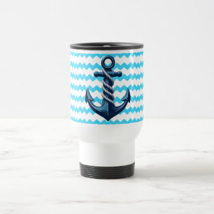Blue anchor with blue waves travel mug
