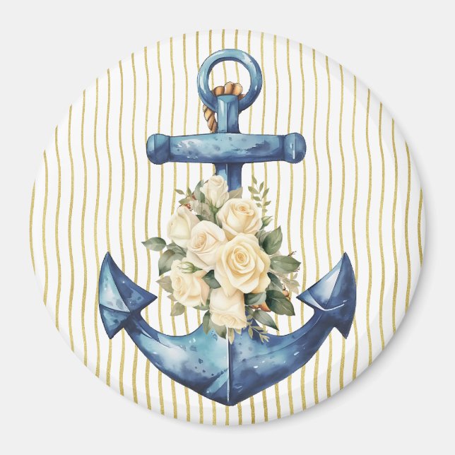 Blue Anchor with Cream Roses Magnet (Front)