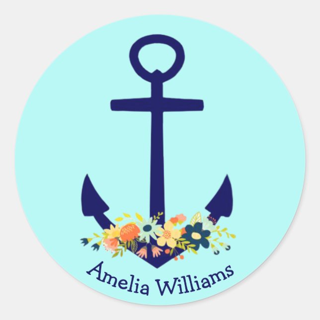 blue anchor with floral bouquet classic round sticker (Front)