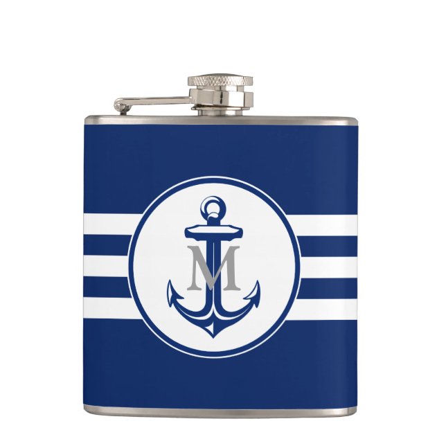 Blue Anchor with Monogram Hip Flask (Front)