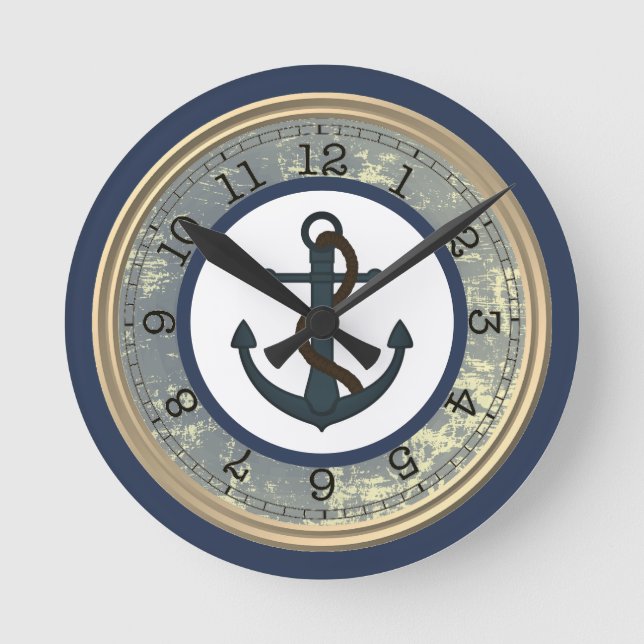 Blue Anchor with Rope Nautical Wall Clock (Front)