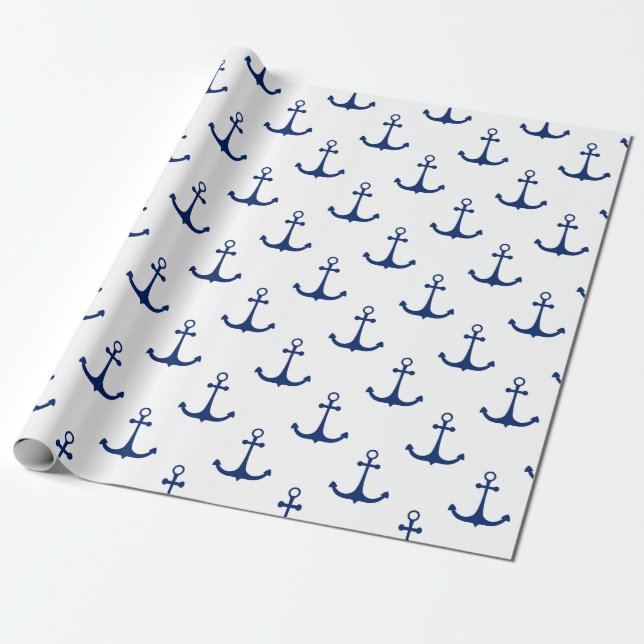 Blue Anchors on White Background Nautical Theme  Wrapping Paper (Unrolled)