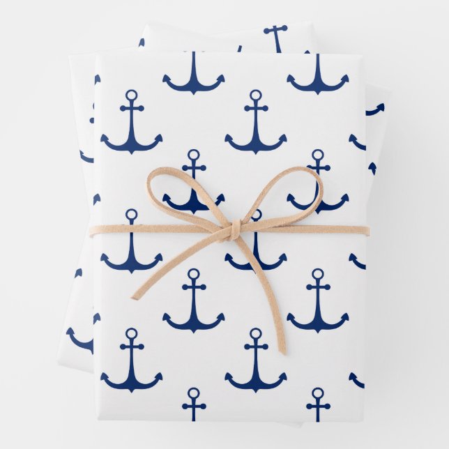 Blue Anchors on White Background Nautical Theme  Wrapping Paper Sheet (In situ)
