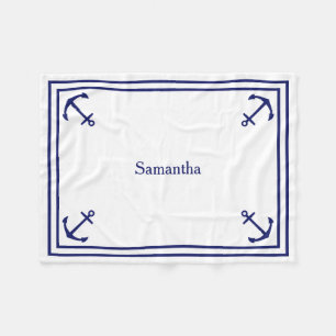 Blue Anchors on White Personalised Fleece Blanket