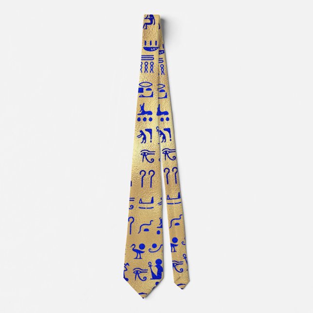 Blue Ancient Egyptian Hieroglyphics Art on Gold Tie (Front)